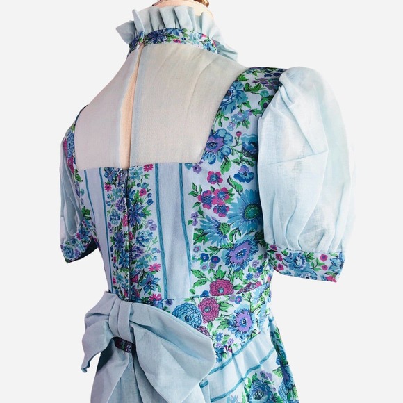 Vintage 60s Cari Lyn Prairie Dress Blue Floral Garden Cottagecore Maxi - Picture 15 of 16